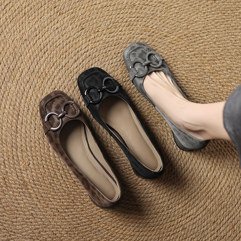 2026 new spring summer women pumps natural leather 22-25.5cm cowhide+sheepskin square toe round heel leopard print women shoes