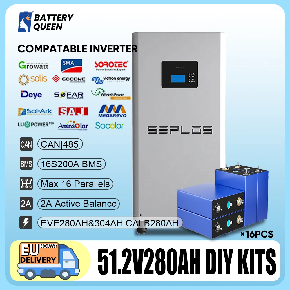 EU Seplos 48V280AH DIY Battery Kits Grade A LifepPO4 Cells with V3 Smart BMS 2A Active Balance Power Storage Solar System DDP