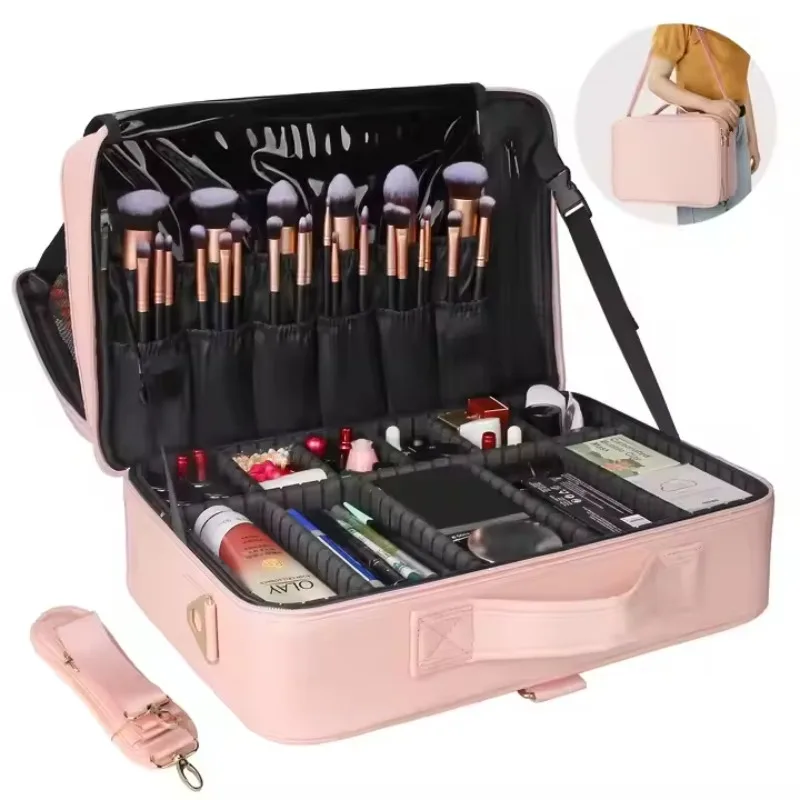 

Relavel Professional Travel Makeup Case Pink PU Leather Large Capacity Makeup Bag Makeup Bag with Artist Separator