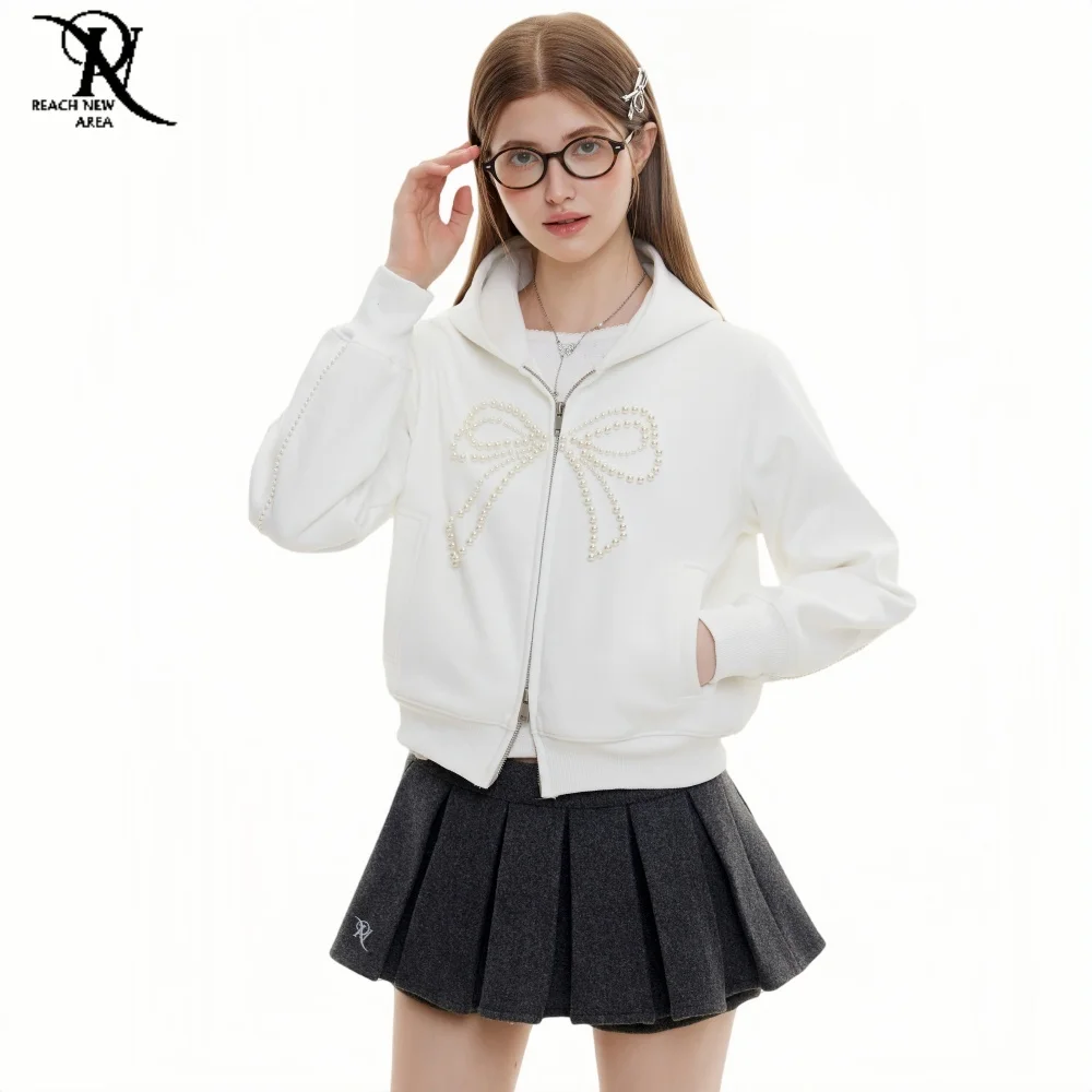 

Женская толстовка с капюшоном на молнии, укороченные толстовки на молнии с капюшоном и бабочкой из бисера, женский осенний белый свитер, женские тенденции 2025