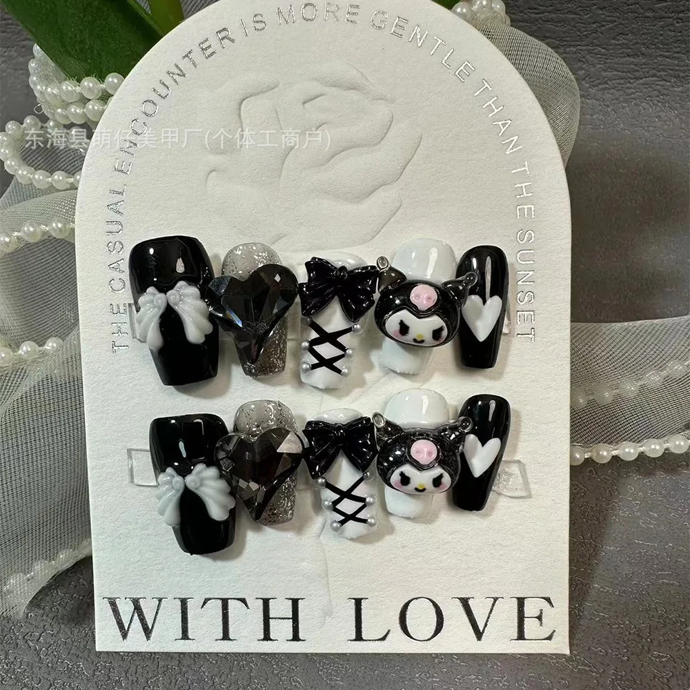 10pcs Kawaii Cute Sanrio Kuromi Handwork Press-on Nails Sweet Love Detachable Press-on Nail Schoolgirl Accessory Festivals Gift