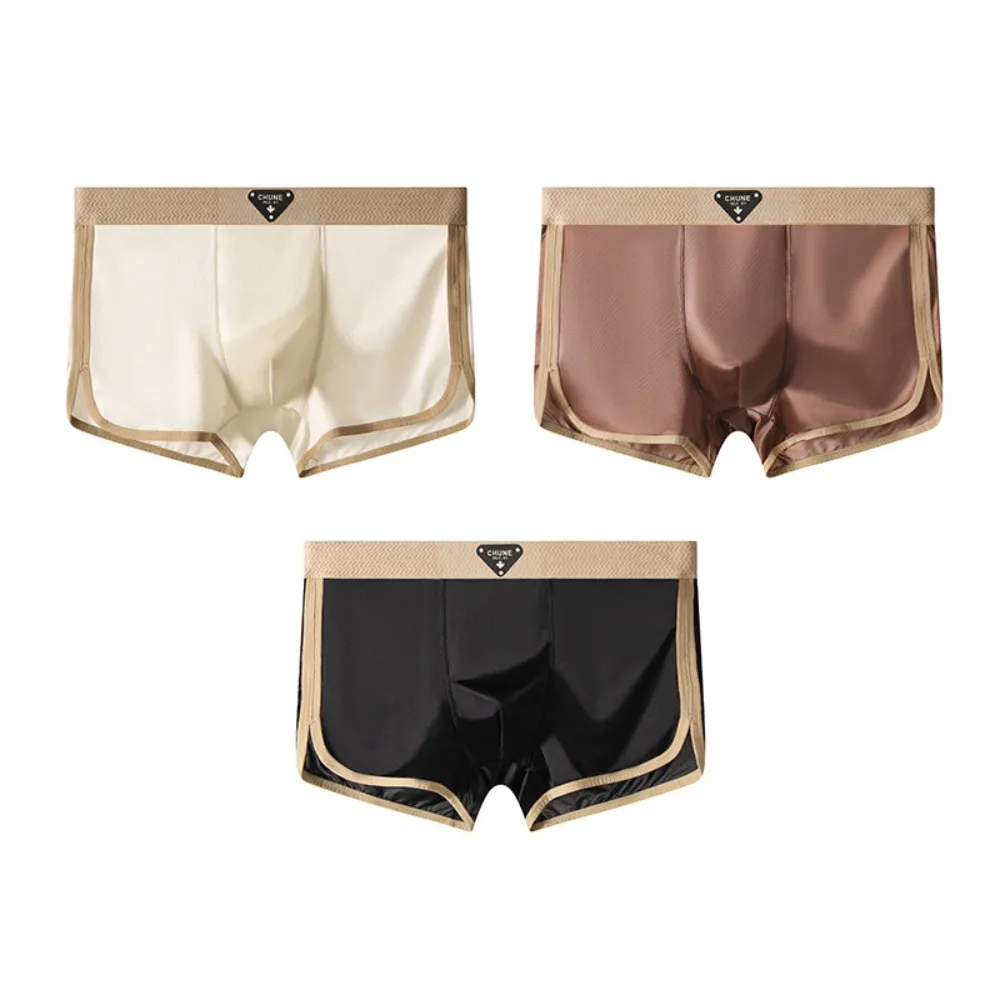 

3Pcs Comfortable Thin Satin Silk Boxer Briefs Mid Waist Underpants Ice Silk Boxers Solid Color Seamless Underwear for Men Daily