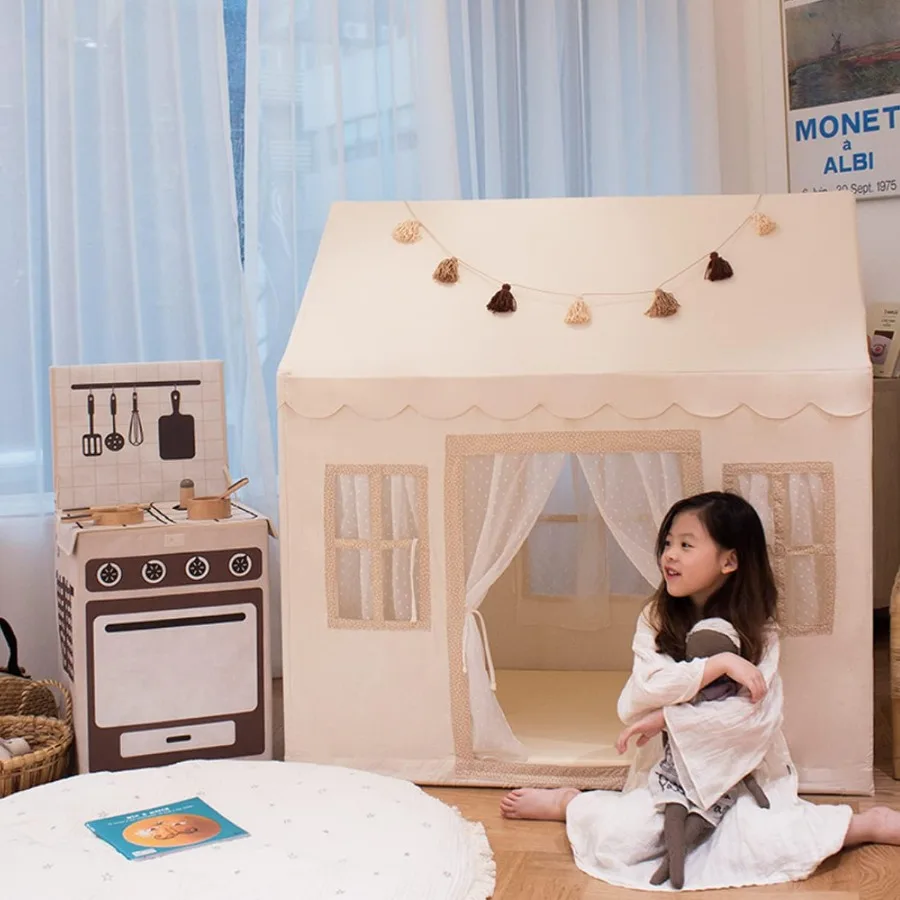Tente de maison de jeu pour enfants avec tissu 100 % coton et 5 fenêtres - Tente de jeu de qualité supérieure faite à la main pour intérieur et extérieur - Légère et
