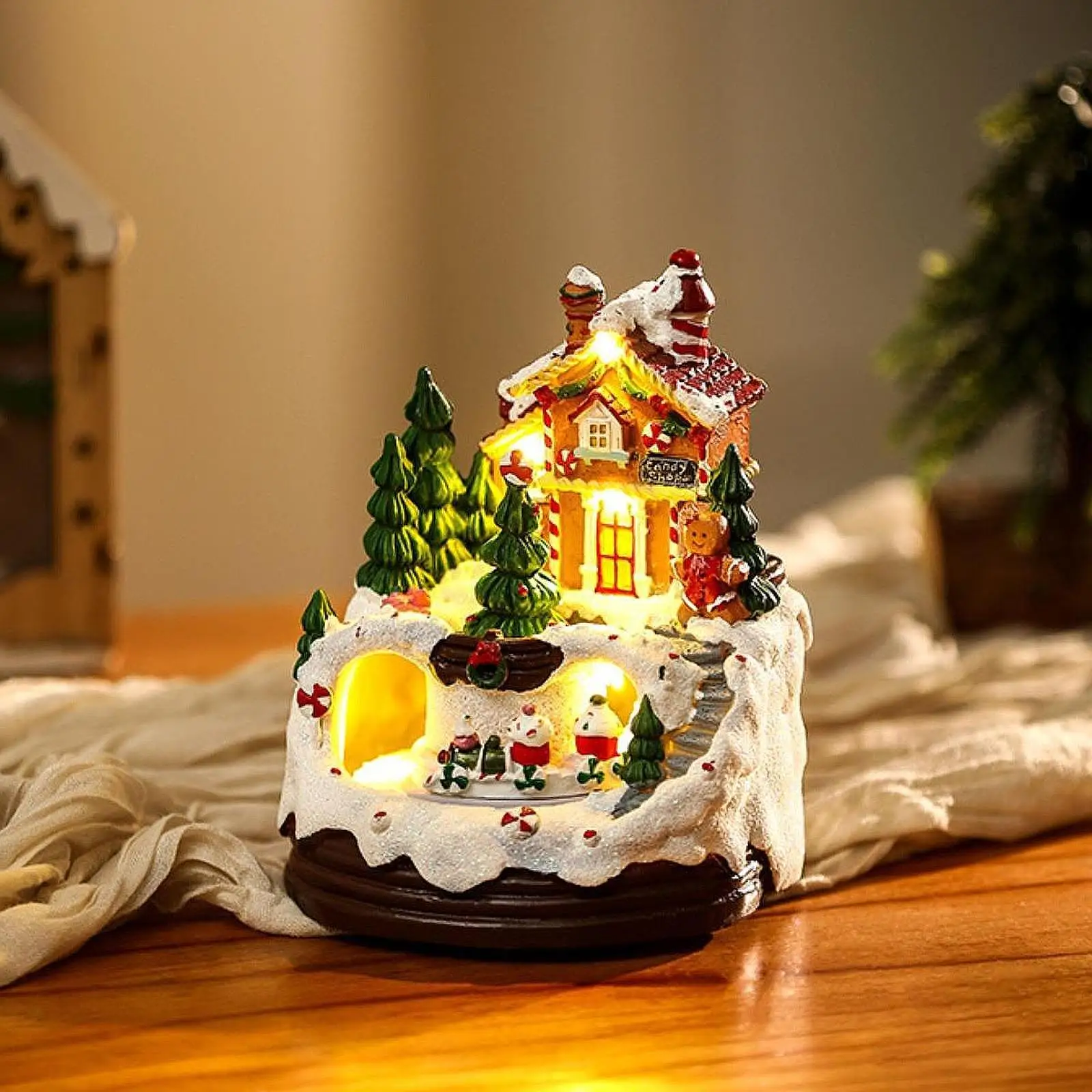 Christmas Figurines Resin Decorative Winter Village House with Lights Music