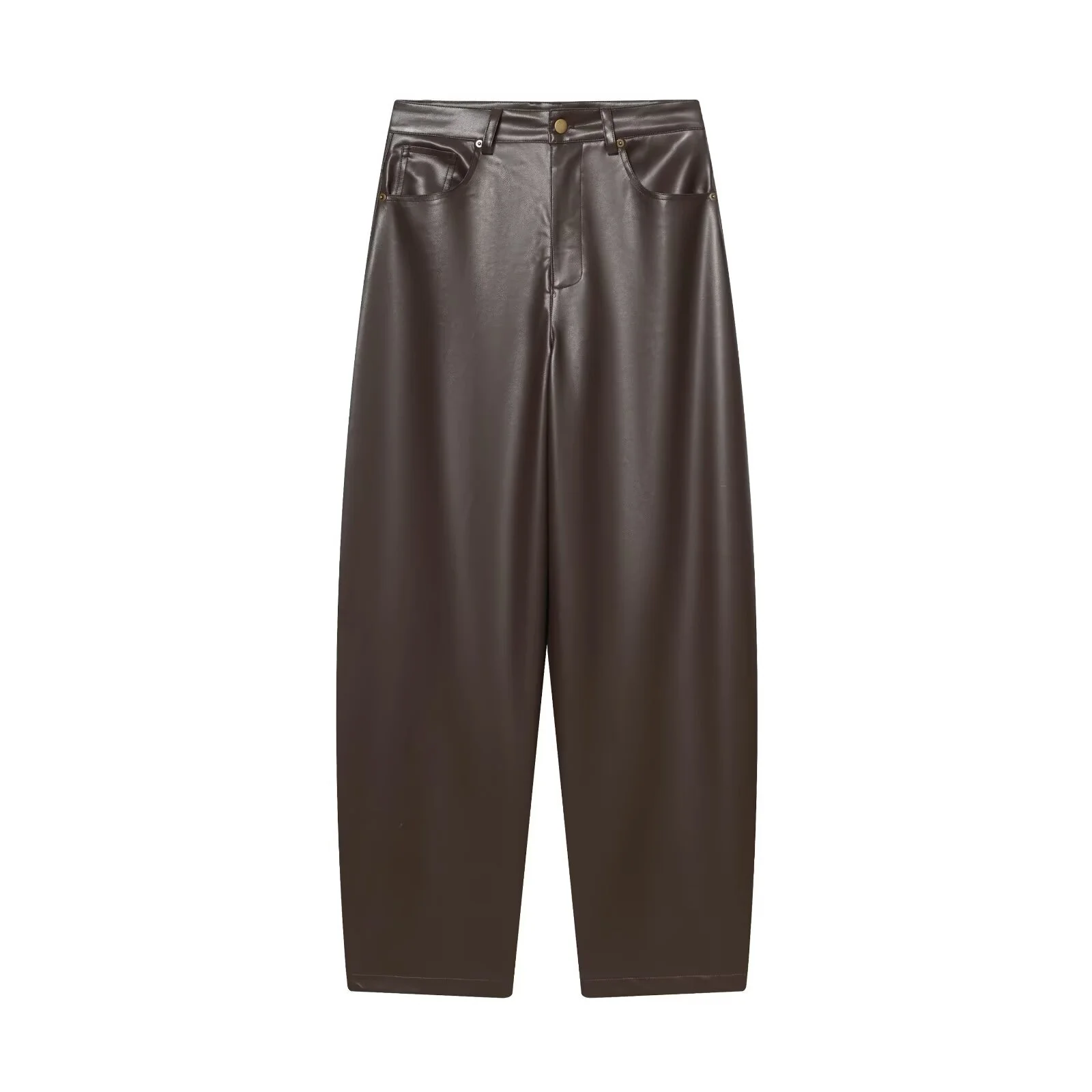 سراويل طويلة عصرية فضفاضة ومتعددة الاستخدامات للسيدات لشتاء 2025 غير رسمية من جلد البولي يوريثان مع زخرفة جيب وتصميم بالون