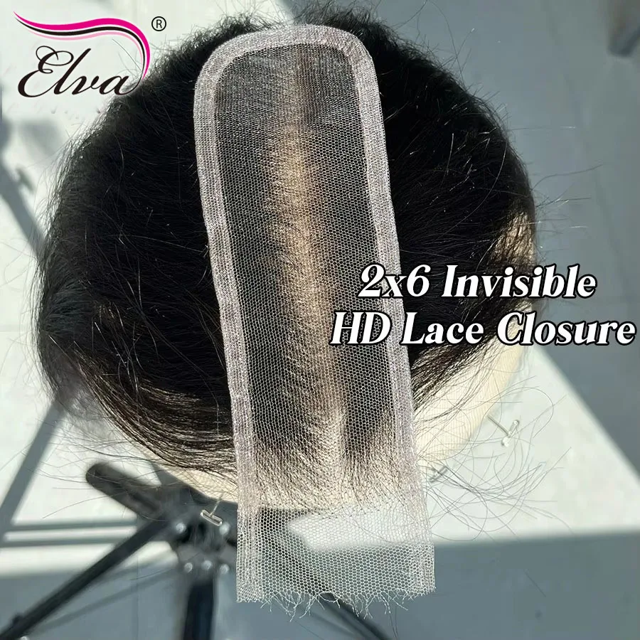 Elva Invisible Real HD Lace 6inch Deep Part 2x6 HD Lace Closure Straight & Body Wave Human Hair Closure Middle Part HD Lace