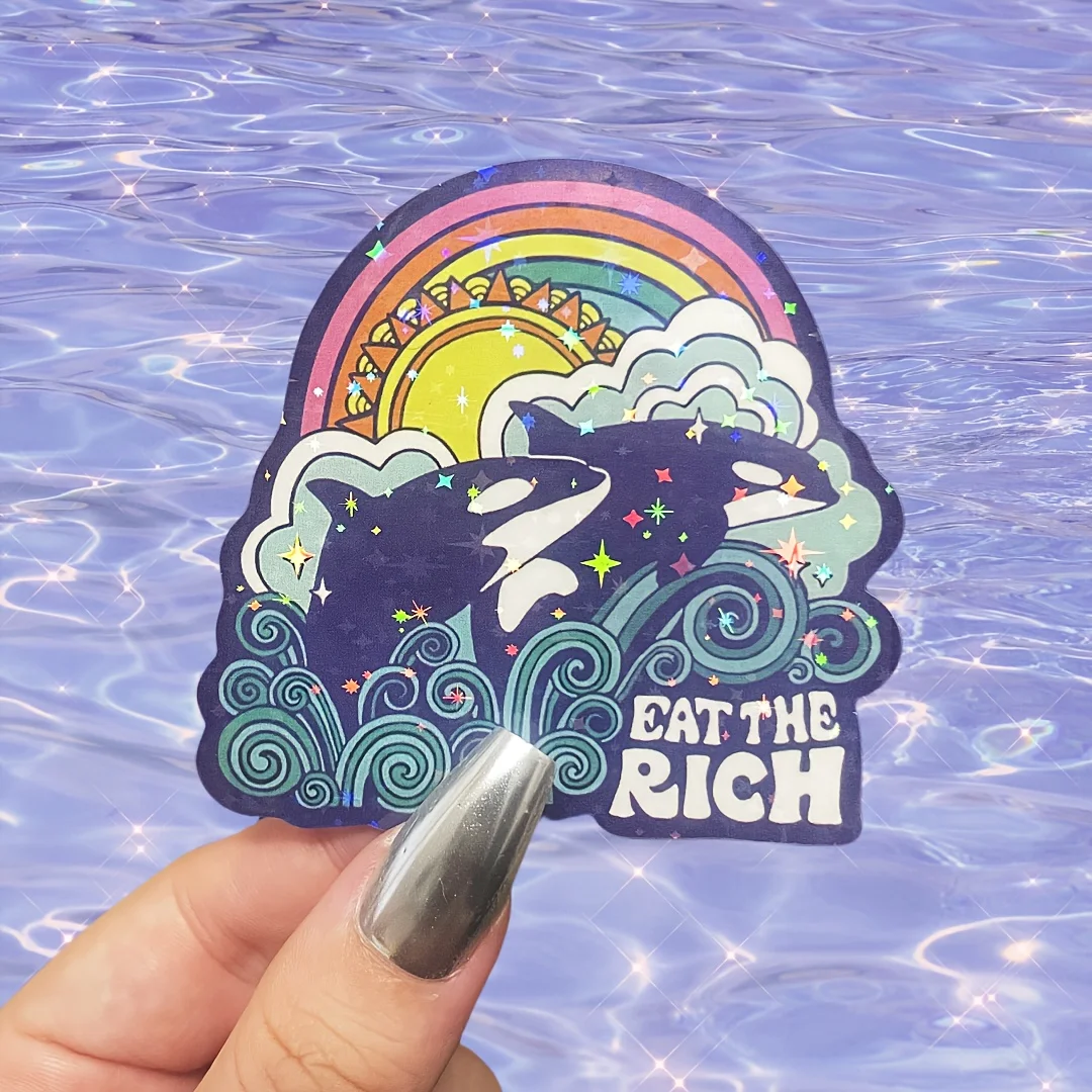 4 Stück Retro Regenbogen-Orca-Aufkleber, 70er-Jahre Psychedelische Wal-Wasserfeste Vinyl-Sticker für Auto, Laptop, Wasserflasche
