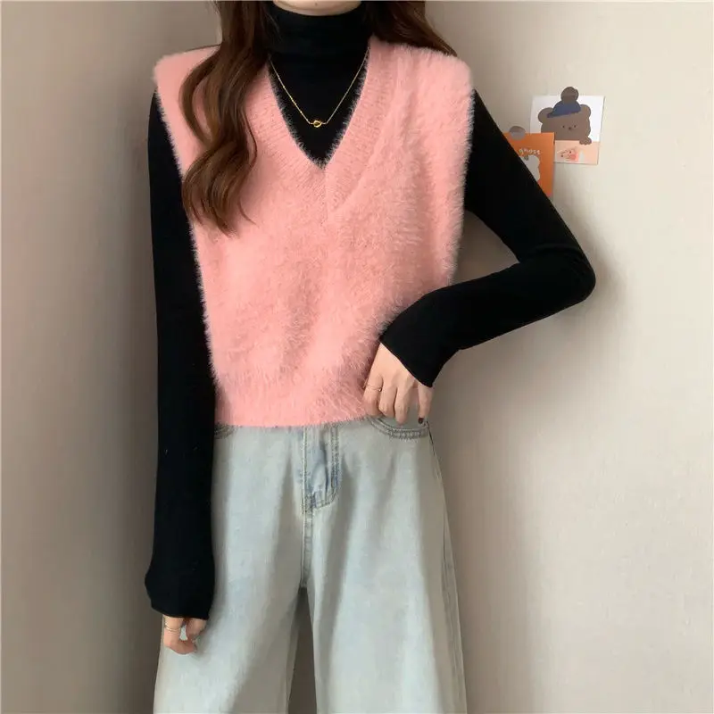 V-neck Sweater Vests Women Solid Color Autumn Winter Fluffy Soft Fashion Vintage Sleeveless Knitted Tops Slim-fit Simple Casual