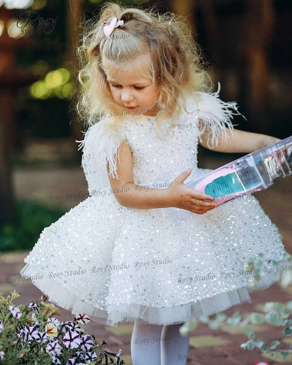 Lujoso vestido blanco de flores para niña, vestido de fiesta con cuello redondo y cuentas, para graduación, boda