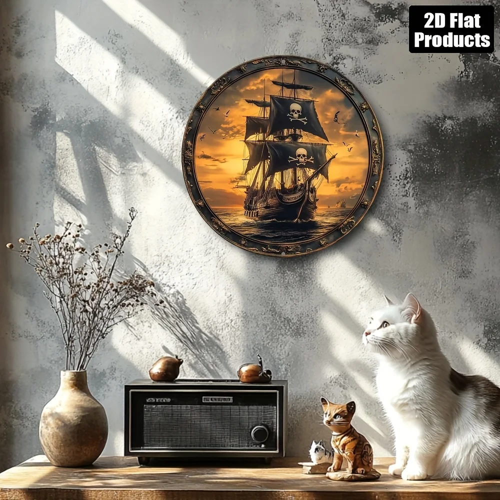 Retro 2D Wooden Platter Pirate Vessel Wall Art Furniture Hanging Ornament Sleeping Quarters Lounge Entryway Household Decor