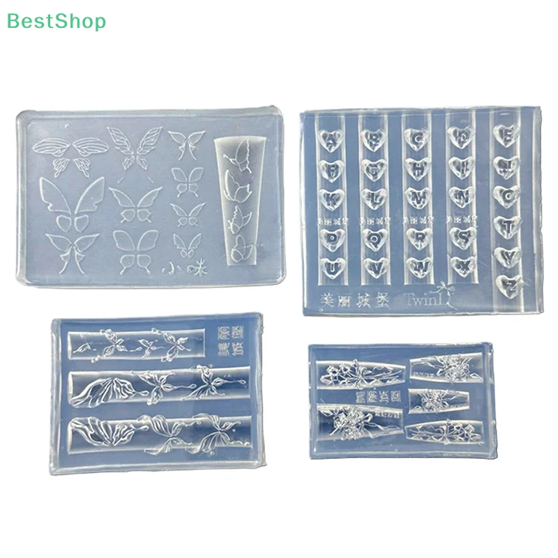 🍄 3D سيليكون مسمار العفن الأبجدية القلب منحوتة فراشة عقدة روز تنقش تصميم مسمار ديكور قالب مانيكير شفاف