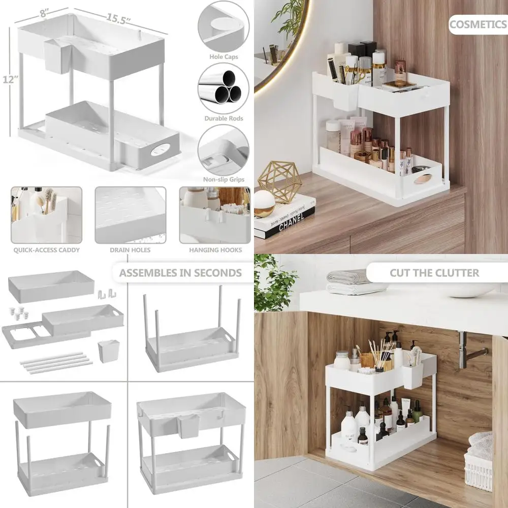 

Dual-Tier Bathroom Sink Organizer with Hooks and Side Caddy for Kitchen Cabinet Storage, White