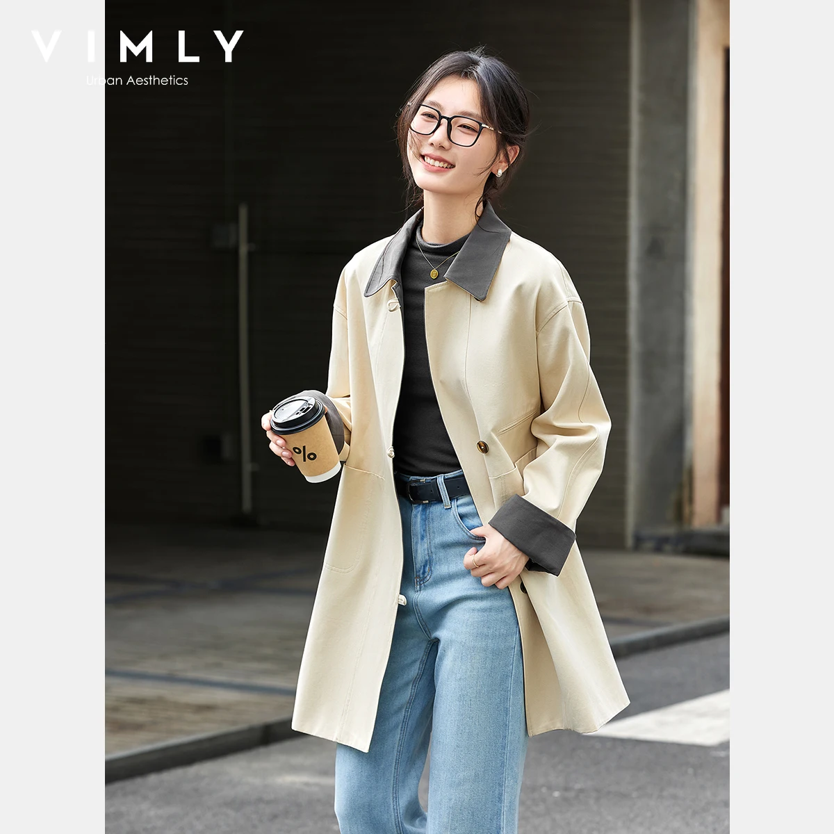 VIMLY Midi Trench Coat Woman Office Wear Contrast Color Women's Autumn Coat 2025 Turn-down Neck Long Sleeve Ladies Coats A2219