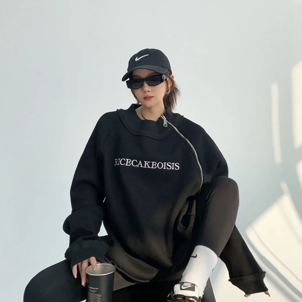 Woman Sweatshirt Letter Print O Neck Drop Shoulder Long Sleeve Hooded Tops Oversize Female Irregular Zipper Trend Loose Pullover