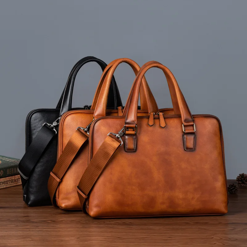 100% natürliche Rindsleder Männer Aktentasche Aus Echtem Leder männer Laptop Aktentasche Tasche Vintage Männlichen Business Handtasche Männer Schulter Tasche