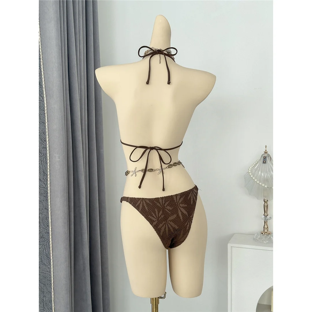 Mit Hosen, Blättern und Halterneck-Bikini, Damen-Badeanzug, dreiteiliges Bikini-Set, Badebekleidung, Badeanzug, Schwimmanzug V8164 – Detail 12