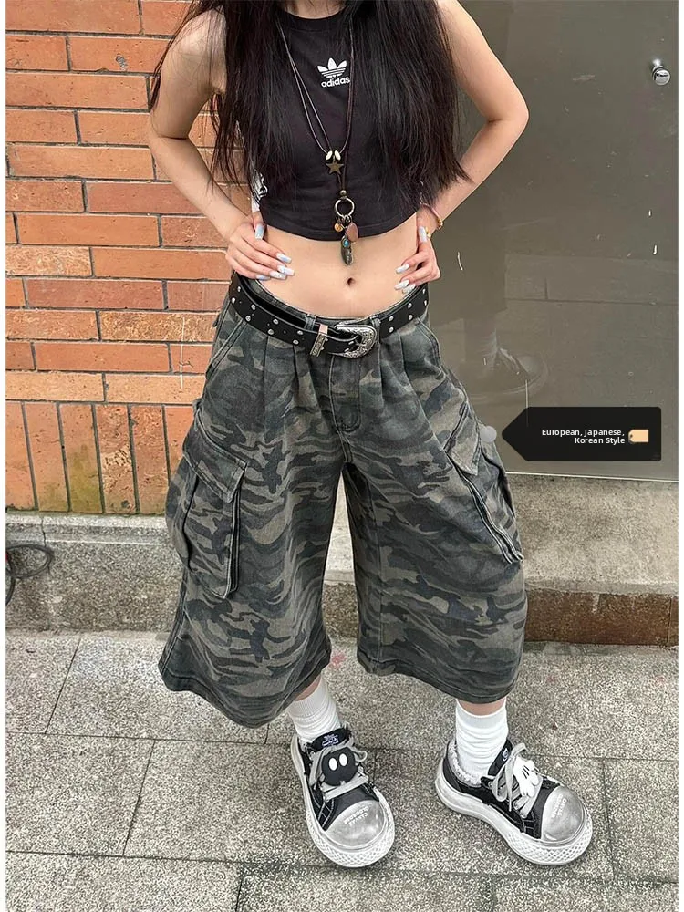 

High Waist Wide Leg Seven Inch American Retro Street Style Camouflage Denim Shorts for Women Spring Summer High Waist Multi P...