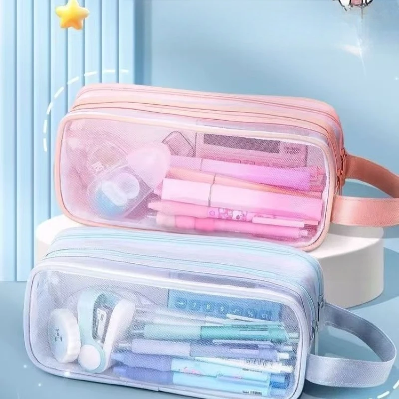 Large Capacity Double-layer Mesh Transparent High-value Pencil Case Student Universal Stationery Box Simple Portable Storage Bag