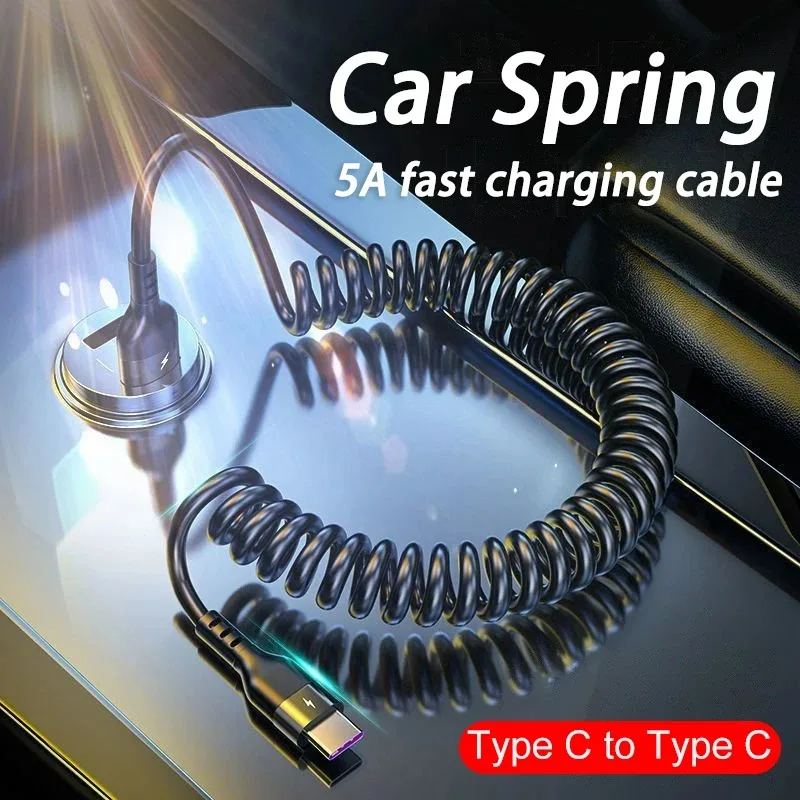 5A 66W USB Type C Spring Telescopic Cable Car Fast Charging USBC to Type C Charge Data Cable For iPhone 15 Samsung Huawei Xiaomi