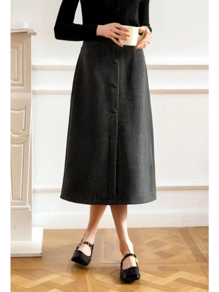 กระโปรงทรงตรงผู้หญิง OLrain รุ่นใหม่ประจำฤดูใบไม้ร่วงปี 2025 กระโปรงทรงหลวมแบบเรียบง่าย มีกระเป๋า สไตล์ฝรั่งเศส เสื้อผ้าผู้หญิงสำหรับใส่ทำงาน รุ่น O57DB95565