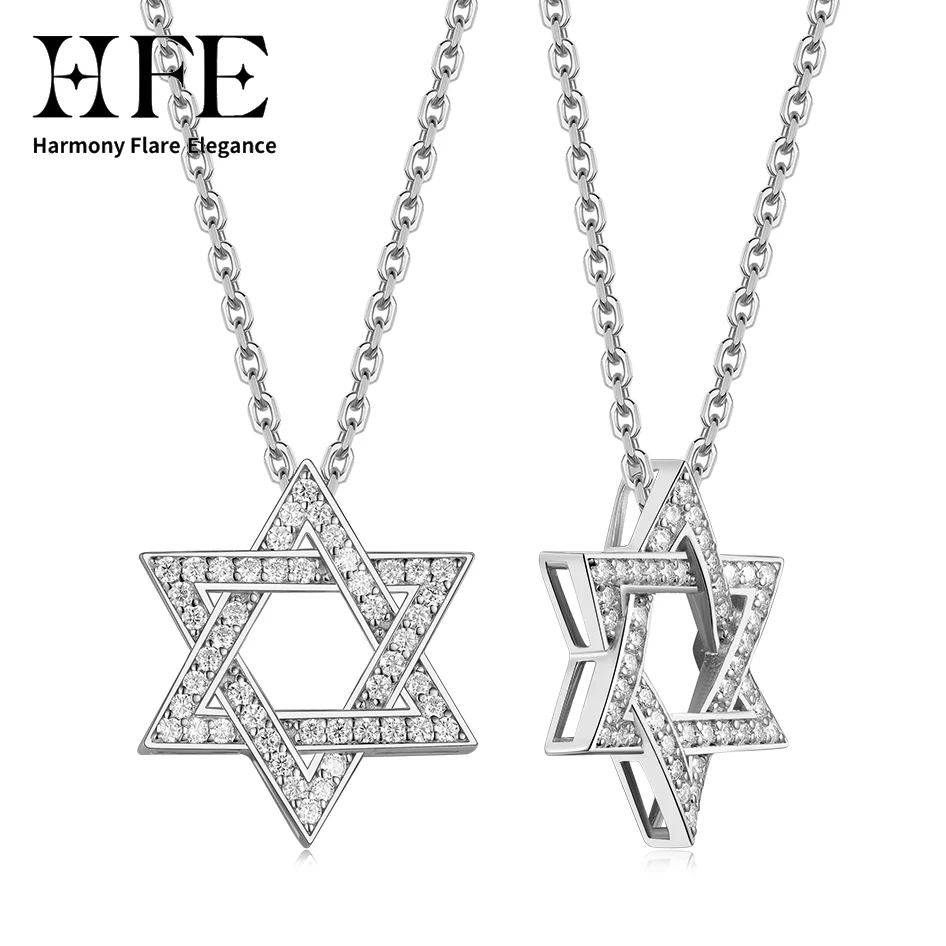 

HFE Star of David Moissanite Pendant Necklace 925 Sterling Silver 16-20 inch Adjustable Unisex Chain, Popular Star Style