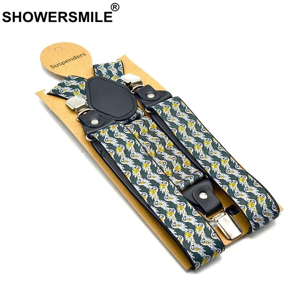 SHOWERSMILE Print Suspender Pants Men Floral Navy Male Brace With Leather 3 Clips Y Back Adjustable Adult Suspenders 120cm*3.5cm