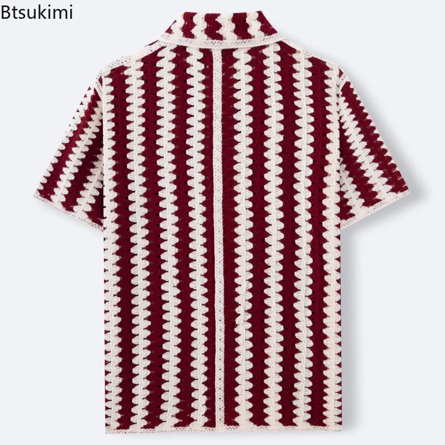 Trendy Men's Knitted Shirts 2025 Summer Casual Hollow Out Breathable Cardigan Tops Vintage Striped Short Sleeve Polo Shirts Male
