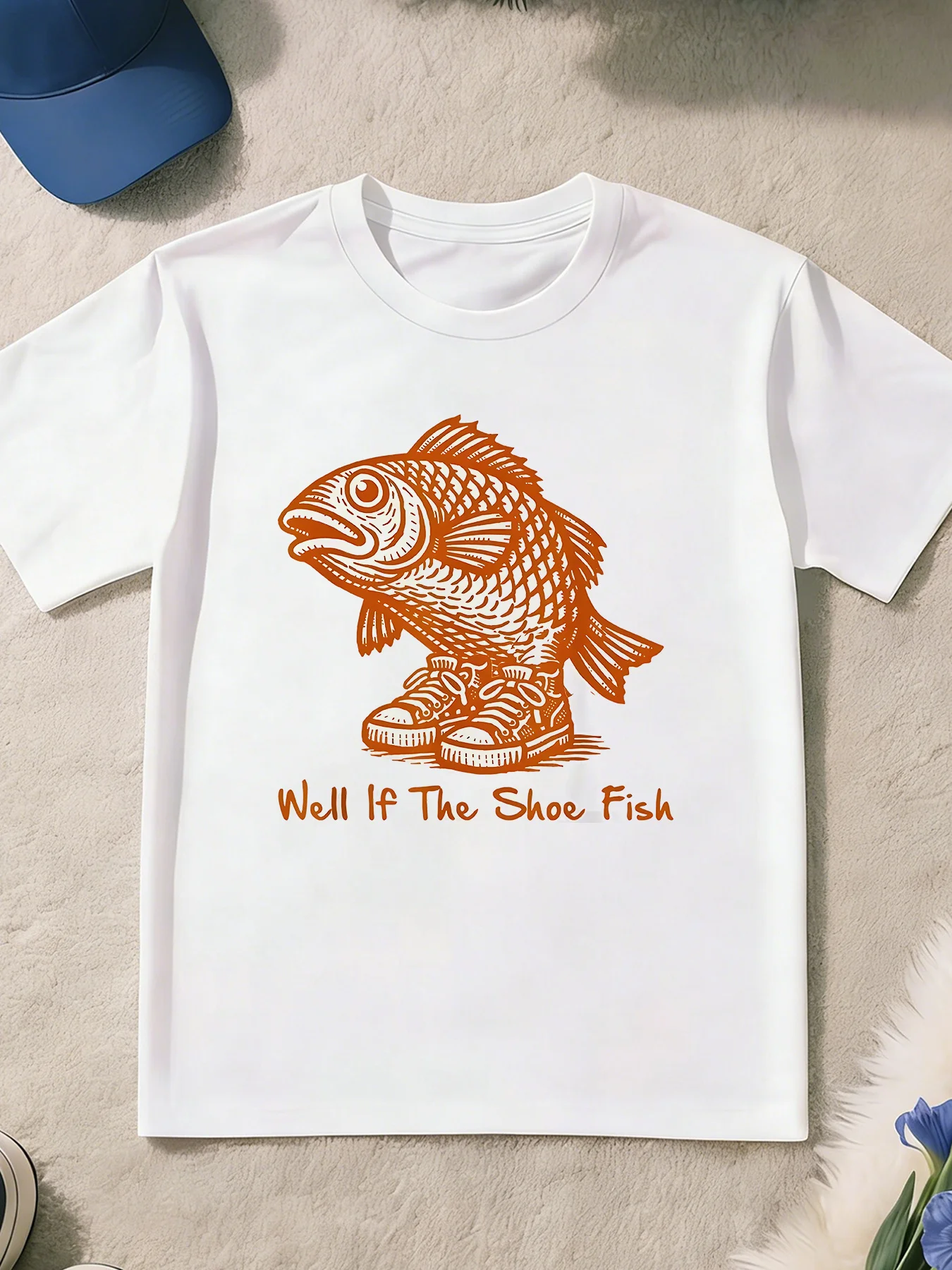 Line Art Fish Wearing Shoes Graphic T Shirt Boys Girls Humor Casual Short Sleeve Tee Family Matching Kids Casual Cotton Tops