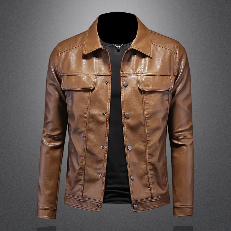 

Suede Long Sleeve Single Breasted Men PU Leather Turn Down Collar Jacket Faux Leather Pockets Loose Solid Button Moto Biker