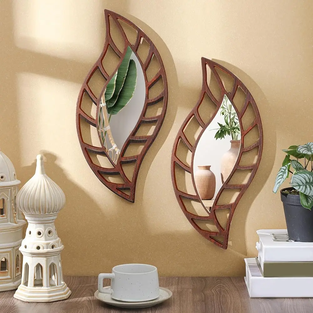 

2 Pcs Decorative Mirror Wall Decor Leaf Teardrop Mirror Wall Mounted Decorations for Living Room Bedroom Bathroom Vanity Ent