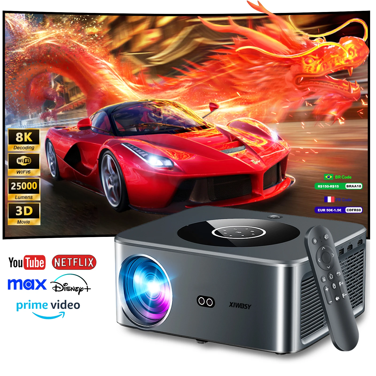 

XIWBSY 25000Lumens Android 4K Projector Wifi6 Full HD Wireless Projector Auto Keystone Video Home Theater Proyector Beamer