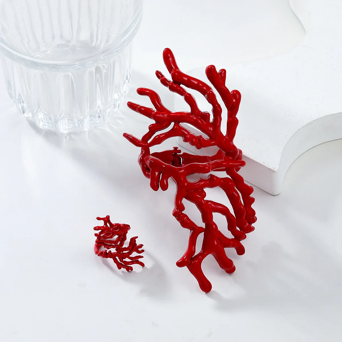 Beach Coral Shaped Ring Bracelet Combination Set for Women's Hip Hop Exaggerated Handmade
