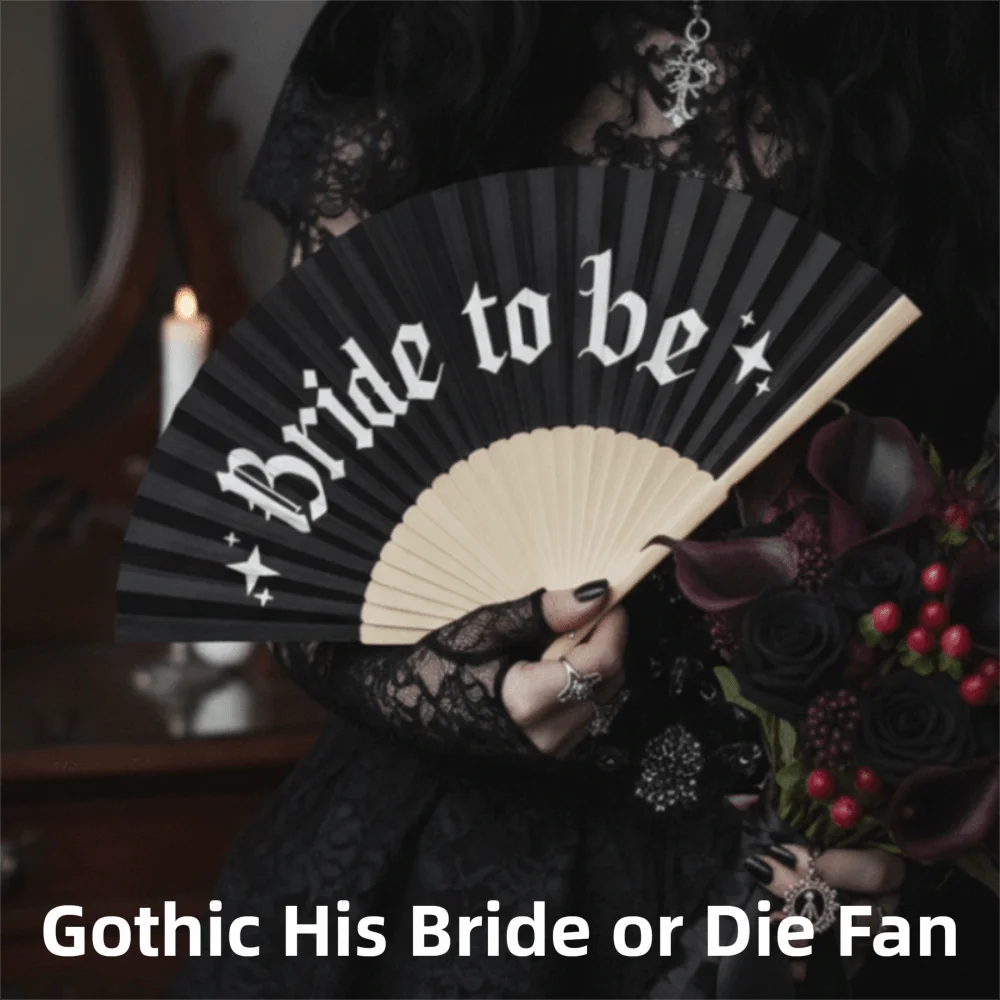 Vintage Gothic His Bride or Die Fan Large Folding Fan Halloween Black White Hand Fan Retro Fan Crafts