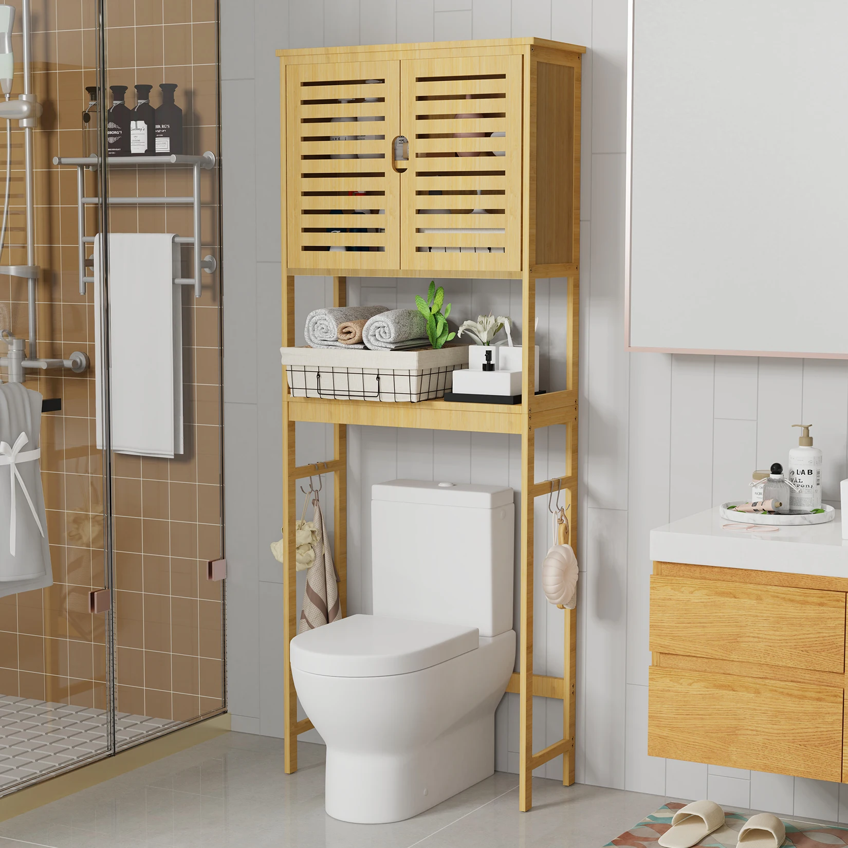 

Over The Toilet Storage Cabinet, Tall Bathroom Cabinet Organizer with Cupboard and Adjustable Shelves, Freestanding Toilet Shelf