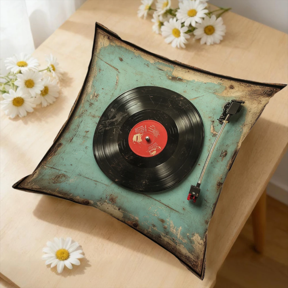 1Pc Vintage Retro Vinyl Record Player Cushion Cover Teal Blue Distressed Texture Pillowcase For Living Room Sofa Bed Decorative