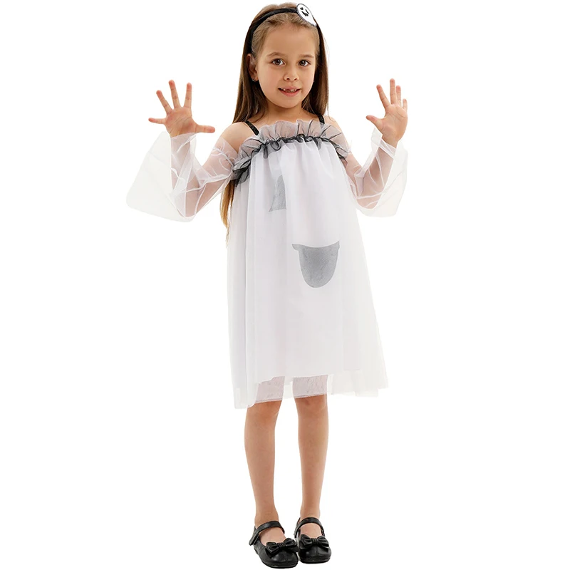 

White Niño Ghost Dress Costume Ruffled Tulle Cami Bell Sleeves Dresses Hairband Enfant Scary Ghosts Tutu Carnival Costumes