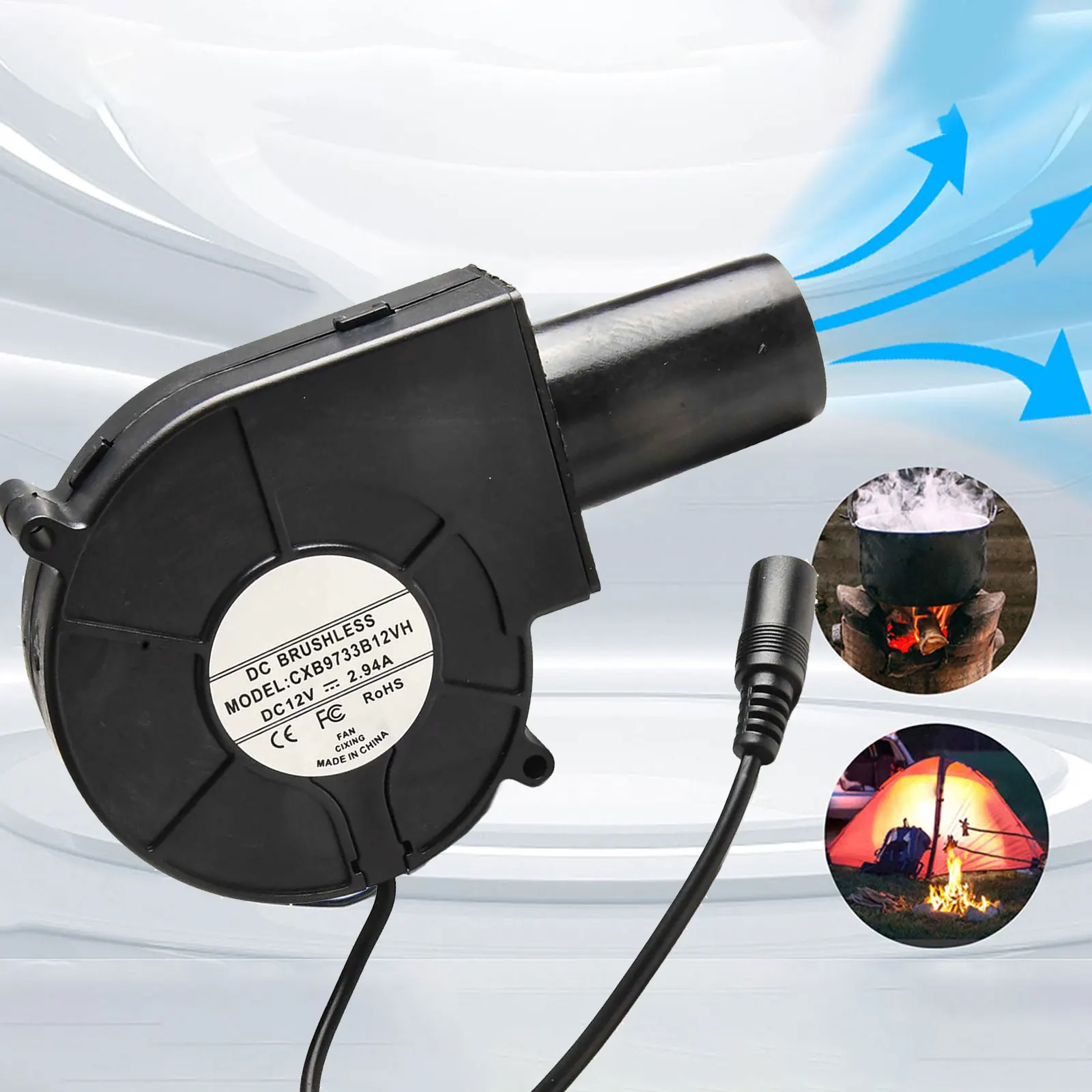 Ventilador de interface DC para lenha, fogão para churrasco, bola dupla, alto volume de ar, ventilador Turbo, ferramentas elétricas eletrônicas, 9733, DC12V, 2.7A