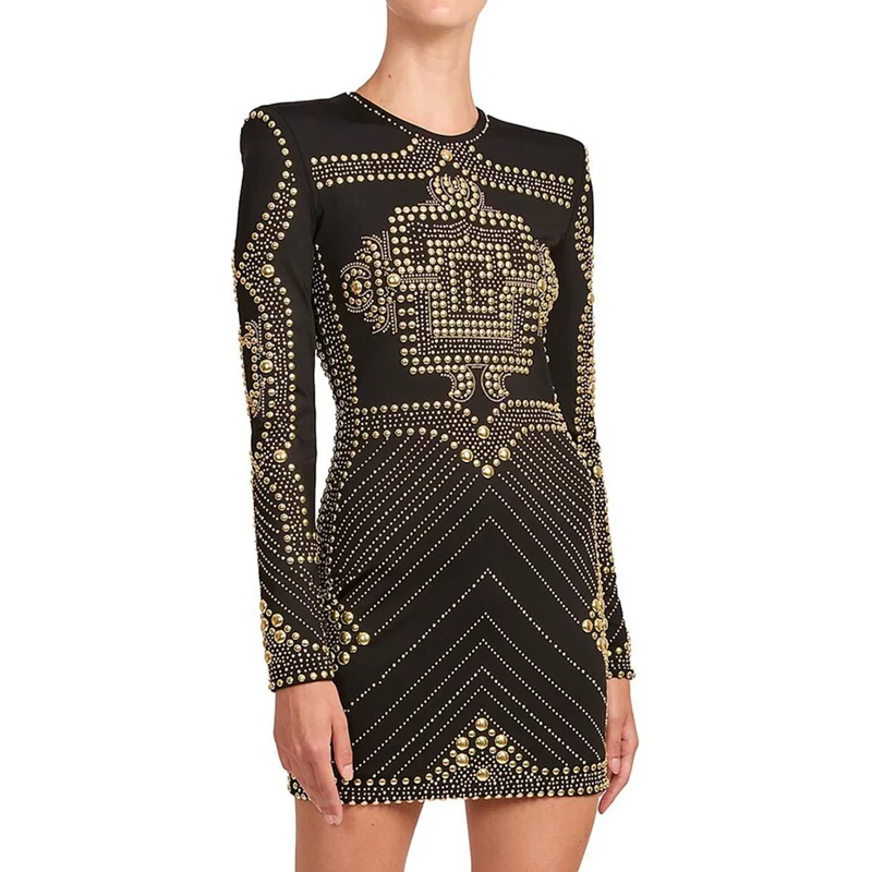 

Palace Style Rivet Beading Dress 2025 New Arrival Round Neck Long Sleeves Beading Silm Skinny Party Mini Dress Autumn