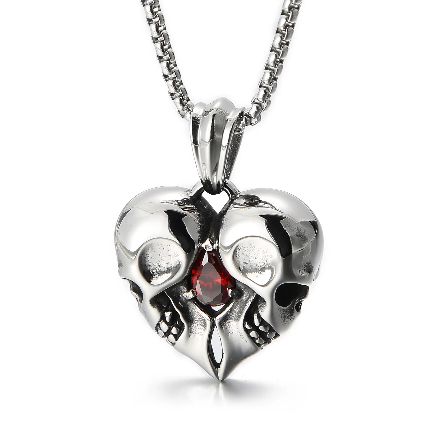 Stainless Steel Love Heart Skull With Red Gemstone Pendant Necklace