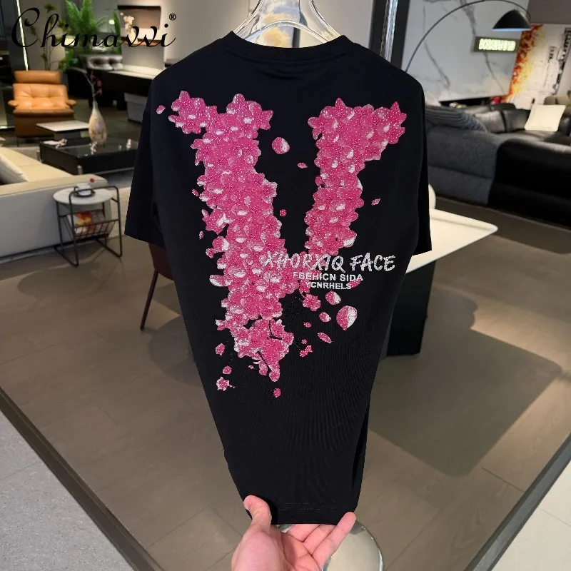 

2026 Summer Clothes New Fashion Letter Hotfix Loose Crew Neck Short Sleeve T-shirt Men and Women High Street Hansome Tshirts
