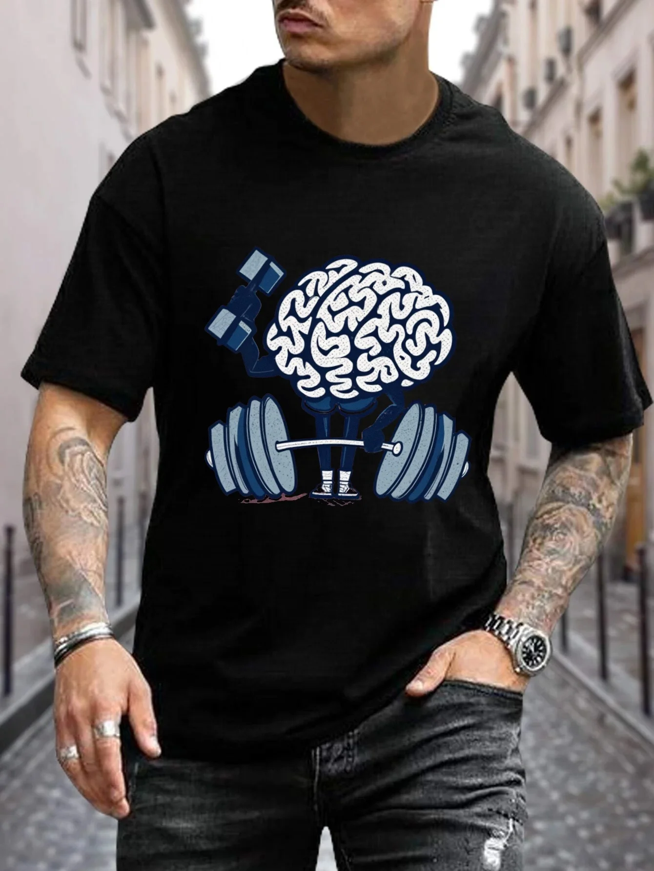

Men's Brain & Muscle Graphic Pure Cotton Tee Casual Polyester Crew Neck T-Shirt, Machine Washable Perfect for All Seasons