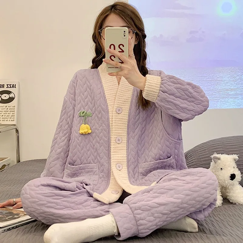 Set Piyama Hamil Musim Gugur Musim Dingin 2 Buah Baju Tidur Menyusui Tebal Baju Hamil Piyama Katun Setelan Baju Menyusui