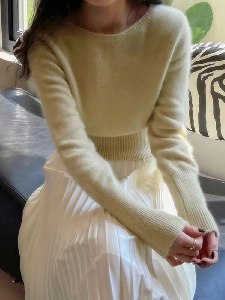 سترة كشمير نقية 100% قميص محبوك قاع المرأة الجديدة الخريف والشتاء سترة قصيرة عالية الخصر