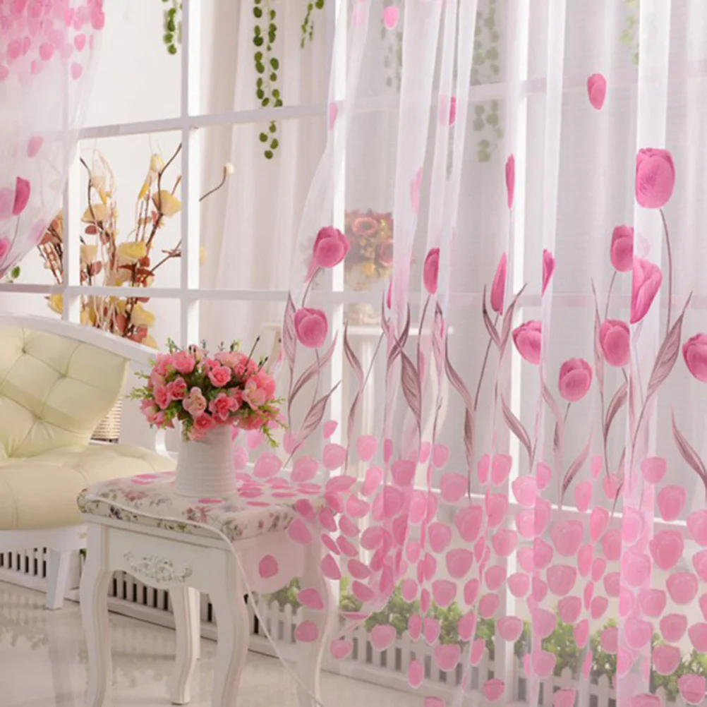 

100x200cm Tulip Flower Sheer Curtains Transparent Voile Tassel Floral Drapes Bedroom Home Decor Pink Transparent Curtains