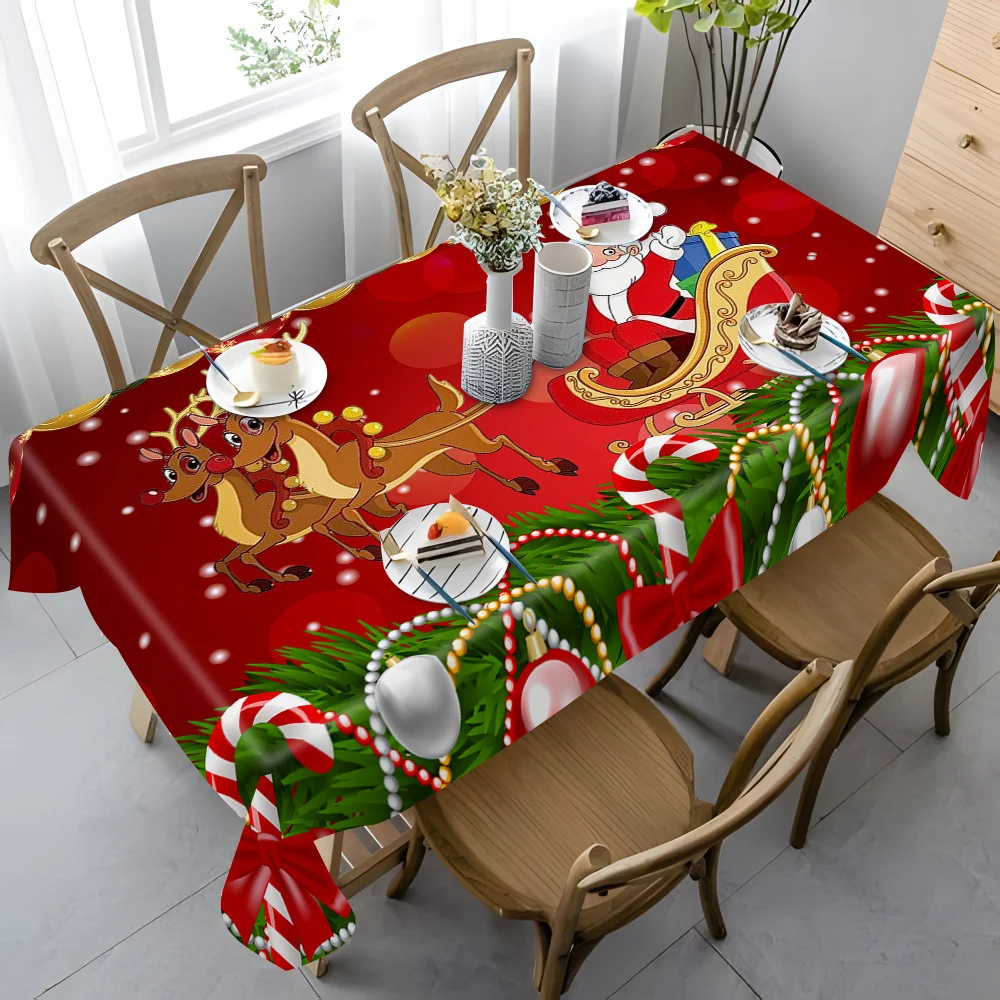 Vintage Christmas Rectangle Table Cloth Santa Sleigh Reindeer Table Cover Christmas Decorations for Indoor Banquet Dining Decor