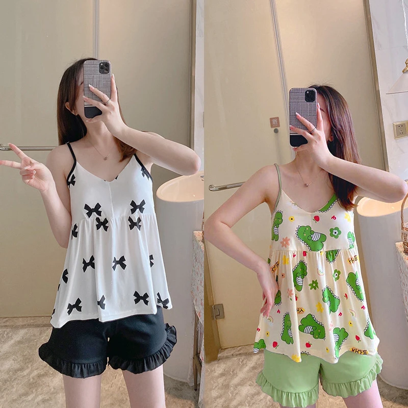 Summer Sweet Pajamas Set Women Cartoon Printed Tops Shorts With Chest Pad