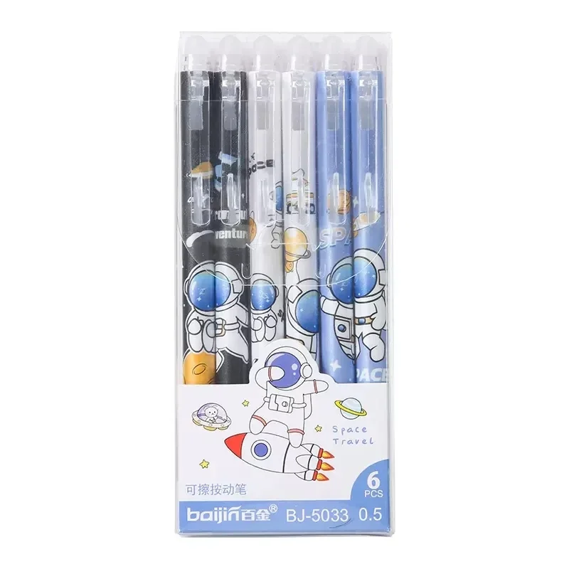 Juego de bolígrafos de Gel borrables con prensa de astronauta Kawaii, recargas con goma de borrar de 0,5mm, tinta negra y azul, suministros de escritura para niños y estudiantes, papelería