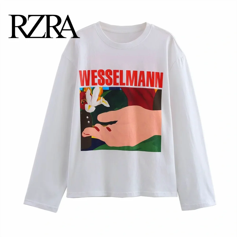 RZRA2024 Autumn/Winter New Product Women's Wear Simple Leisure Versatile Printed Long Sleeve Slim Straight Tube T-shirt