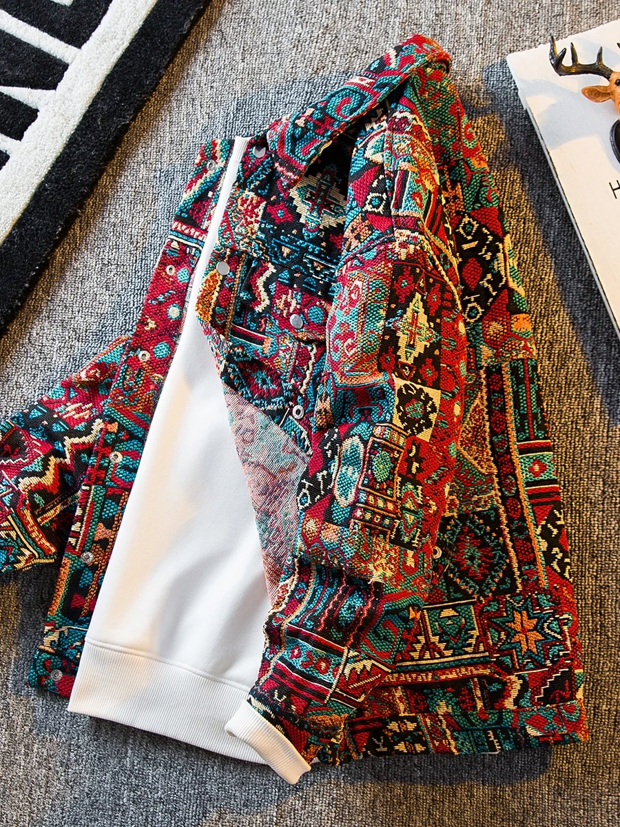 

Retro Ethnic Sle Men's Jaet Spring Autumn Casual Haome Weave Embroidery Outerwear Korean Trendy Loose Fit Long Sve