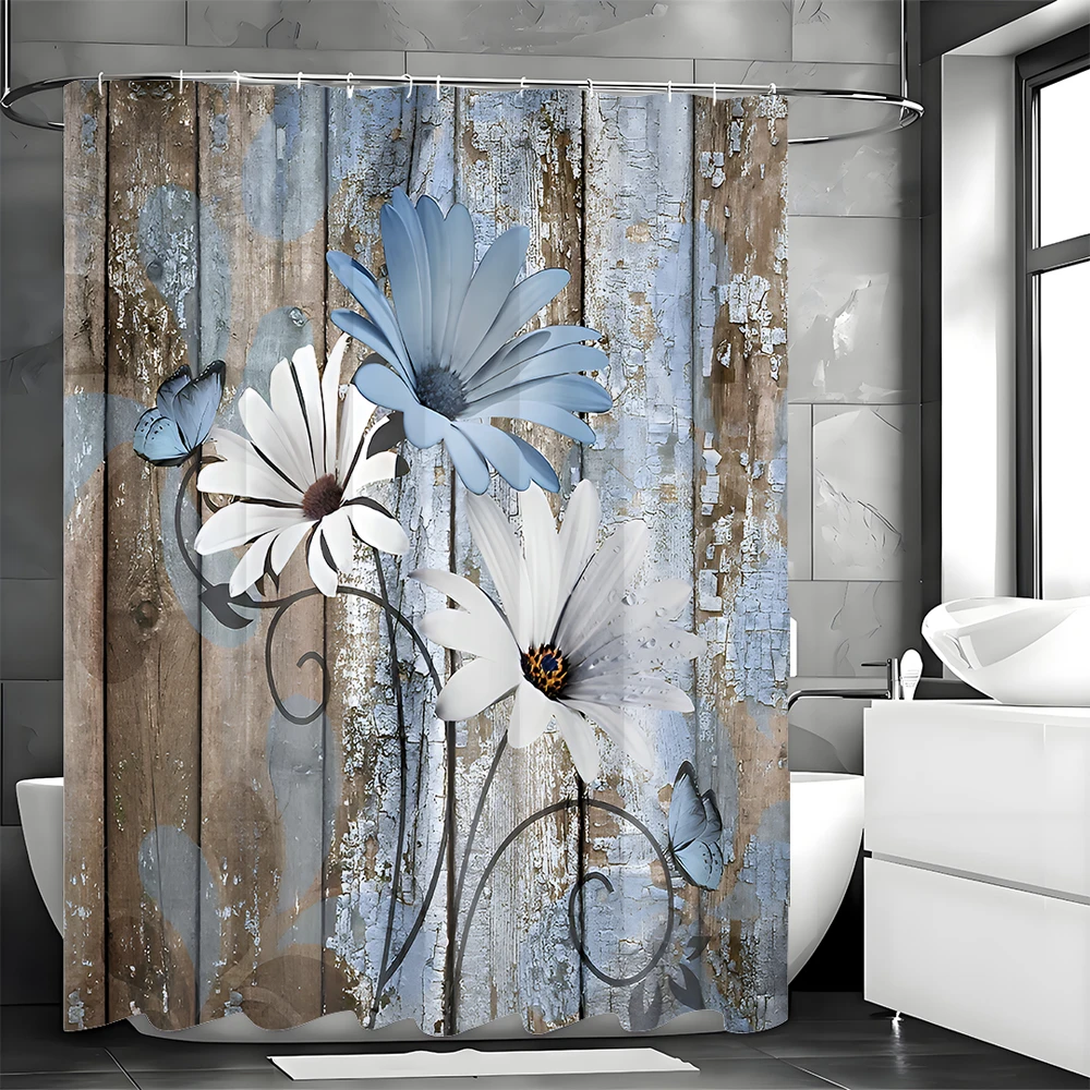 

Bathroom Shower Curtain, Blue Brown Floral Farmhouse Shower Curtain for Bathroom, Spring Rustic Botanical Bathroom Shower Curta